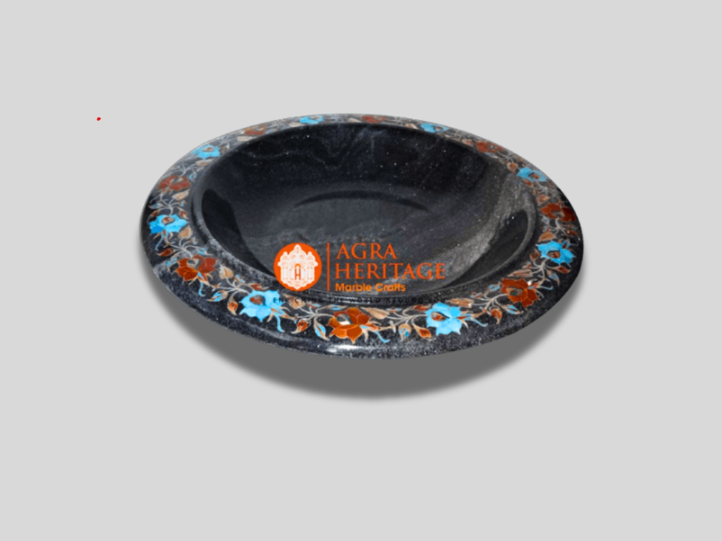 Black Marble Inlay Bowl Turquoise Carnelian Floral Decor